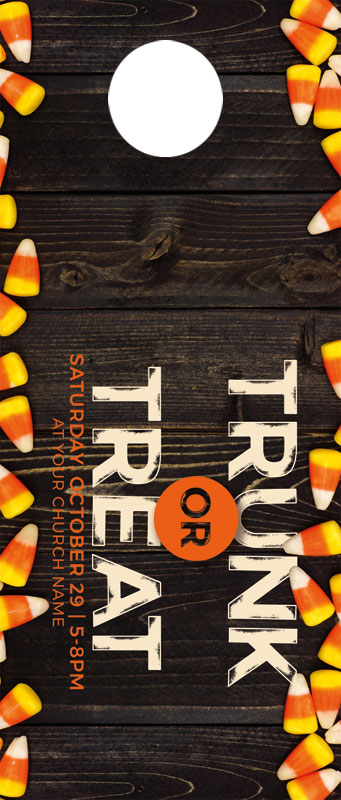 Door Hangers, Fall - General, Trunk Or Treat Candy Corn, Standard size 3.625 x 8.5, with 3 per 8.5 x 11 sheet