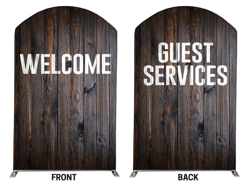 Banners, Welcome, Dark Wood Welcome Guest Services, 5' x 8' Curved Top
