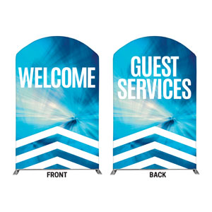 Chevron Blue Welcome Guest Services 5' x 8' Curved Top Sleeve