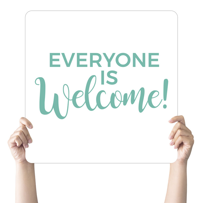 Handheld Signs, Welcome, Turquoise Script Everyone Hand Held, 21 Square