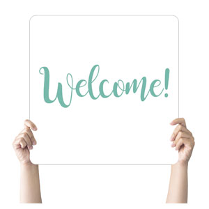 Turquoise Script Welcome Hand Held Square Handheld Signs