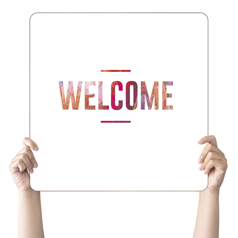 Handheld Signs, Welcome, White and Bright Welcome Hand Held, 21 Square