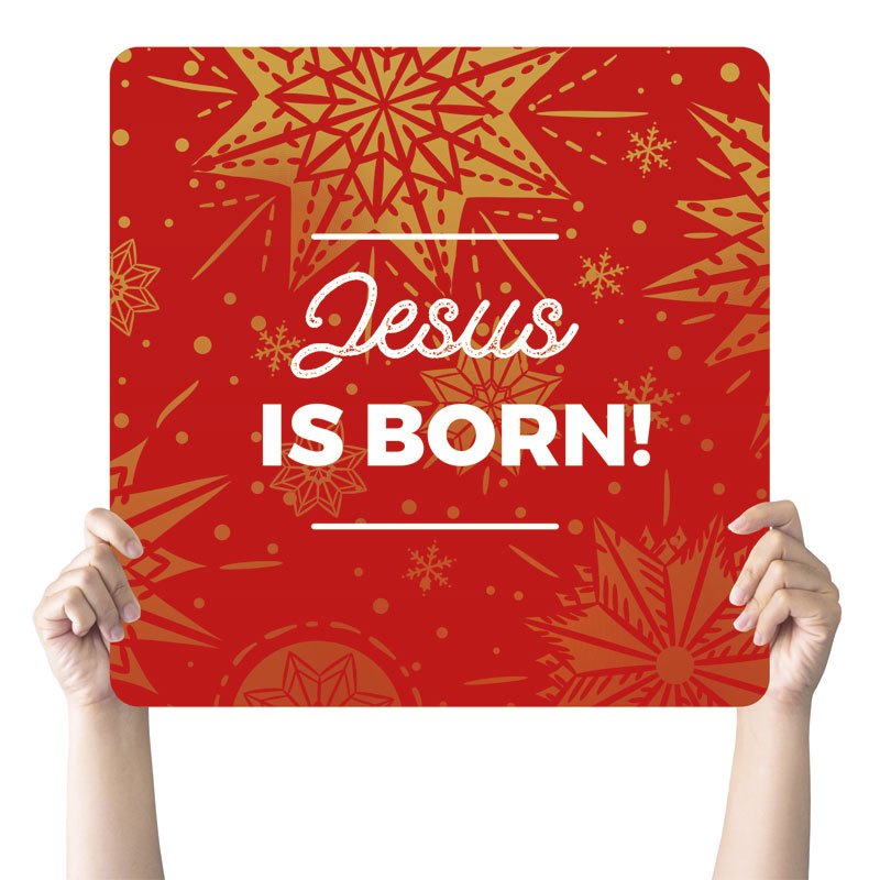 Handheld Signs, Christmas, Foil Snowflake Red Jesus Born, 21 Square