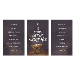 O Come Adore Manger Triptych 3 x 5 Vinyl Banner